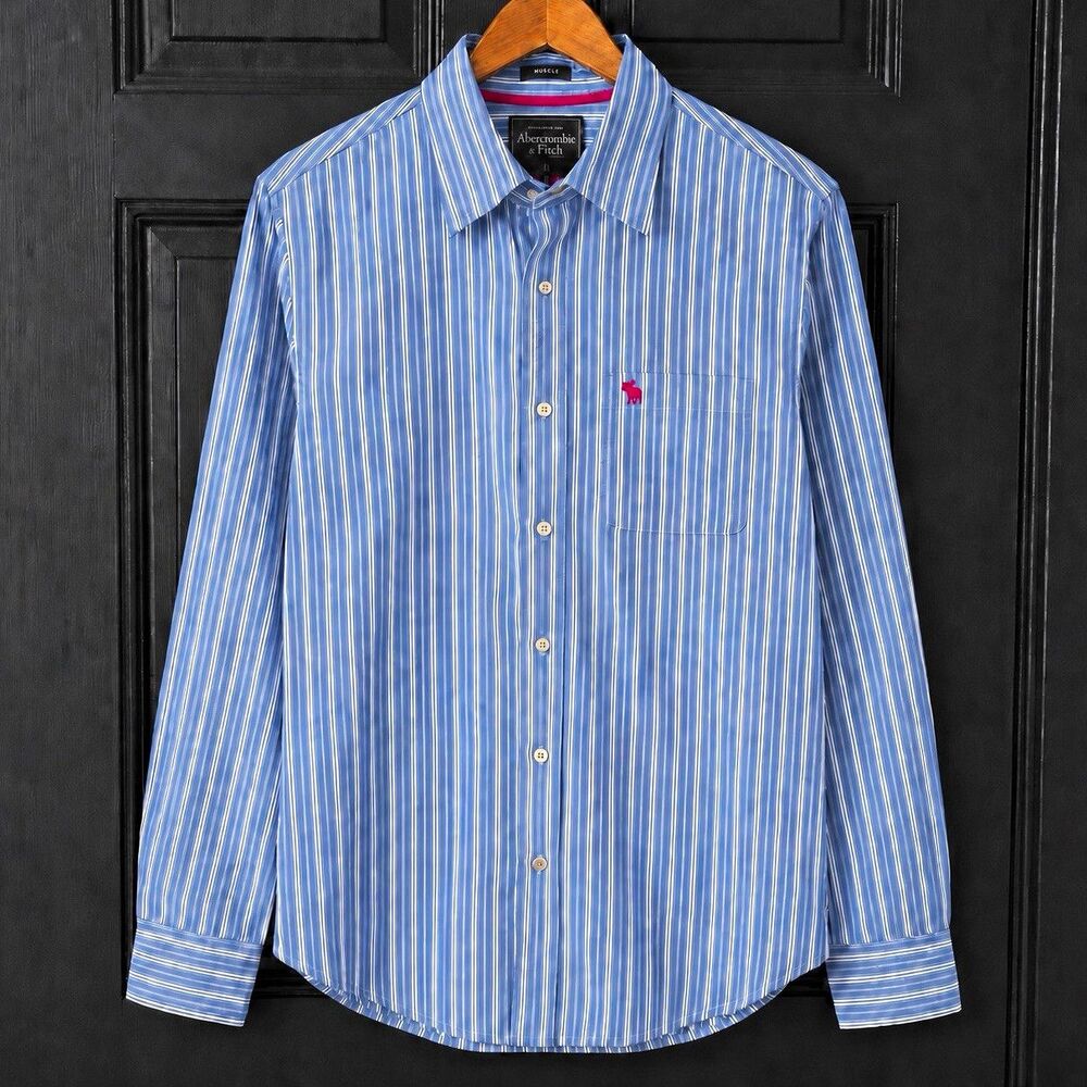 Abercrombie & Fitch Muscle Men's M Blue White Striped Cotton Moose Pocket